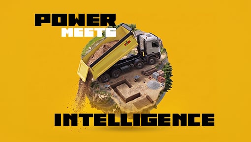 Yellow background with a tipped yellow dump truck unloading soil onto a small construction site globe.